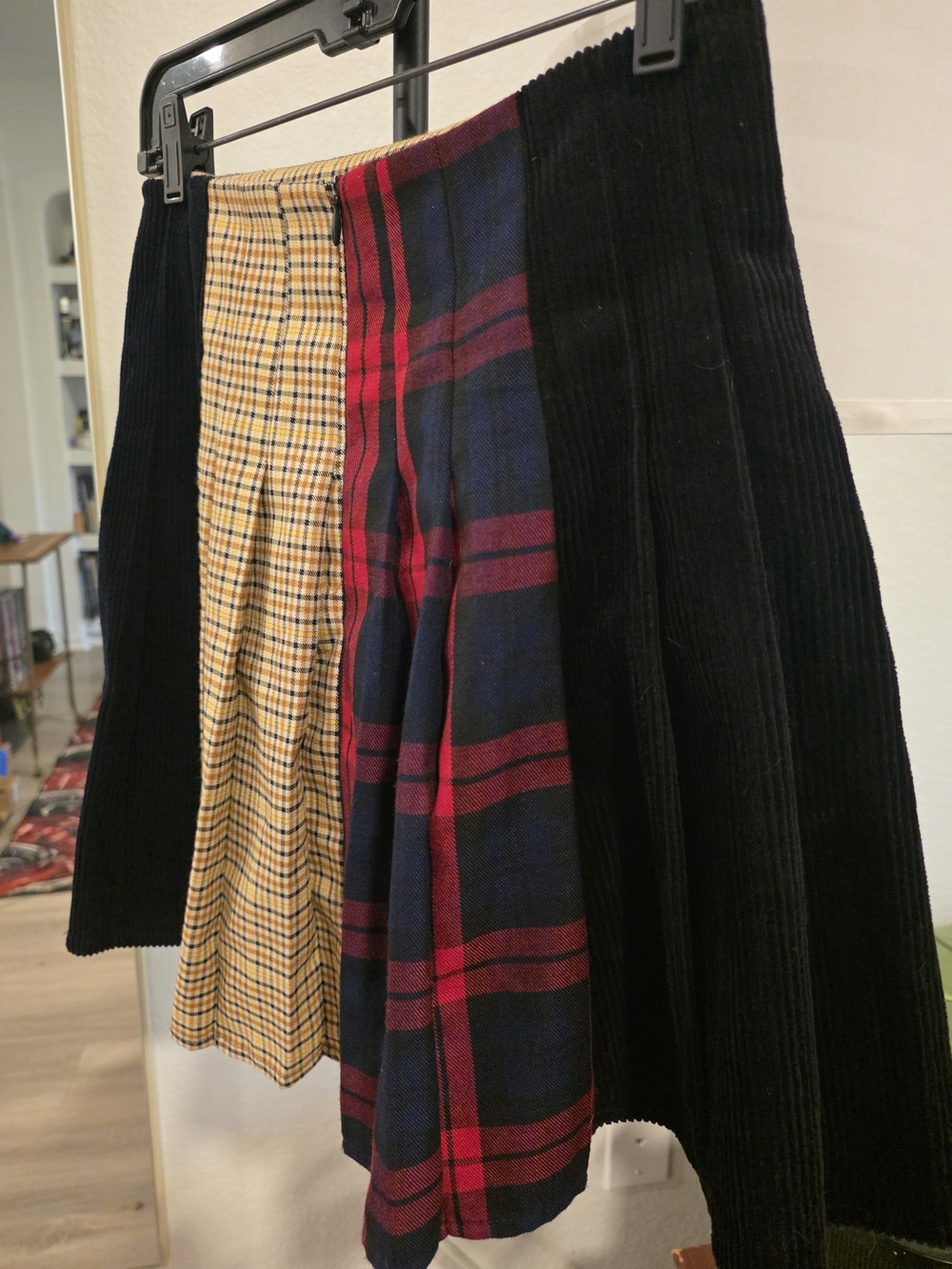 Plaid and Corduroy Colorblock Mini Skirt — Black, Navy & Red, Yellow